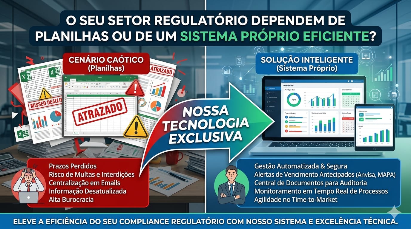 Comparativo entre gestão regulatória com planilhas caóticas versus sistema próprio eficiente
